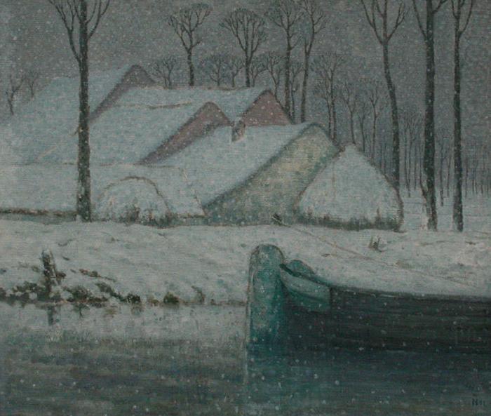 Snowy landscape with barge, William Degouwe de Nuncques